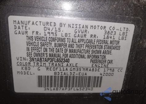 2015 Nissan Sentra Fe+ S/S/Sl/Sr/Sv from USA, damaged, VIN 3N1AB7AP3FL652340